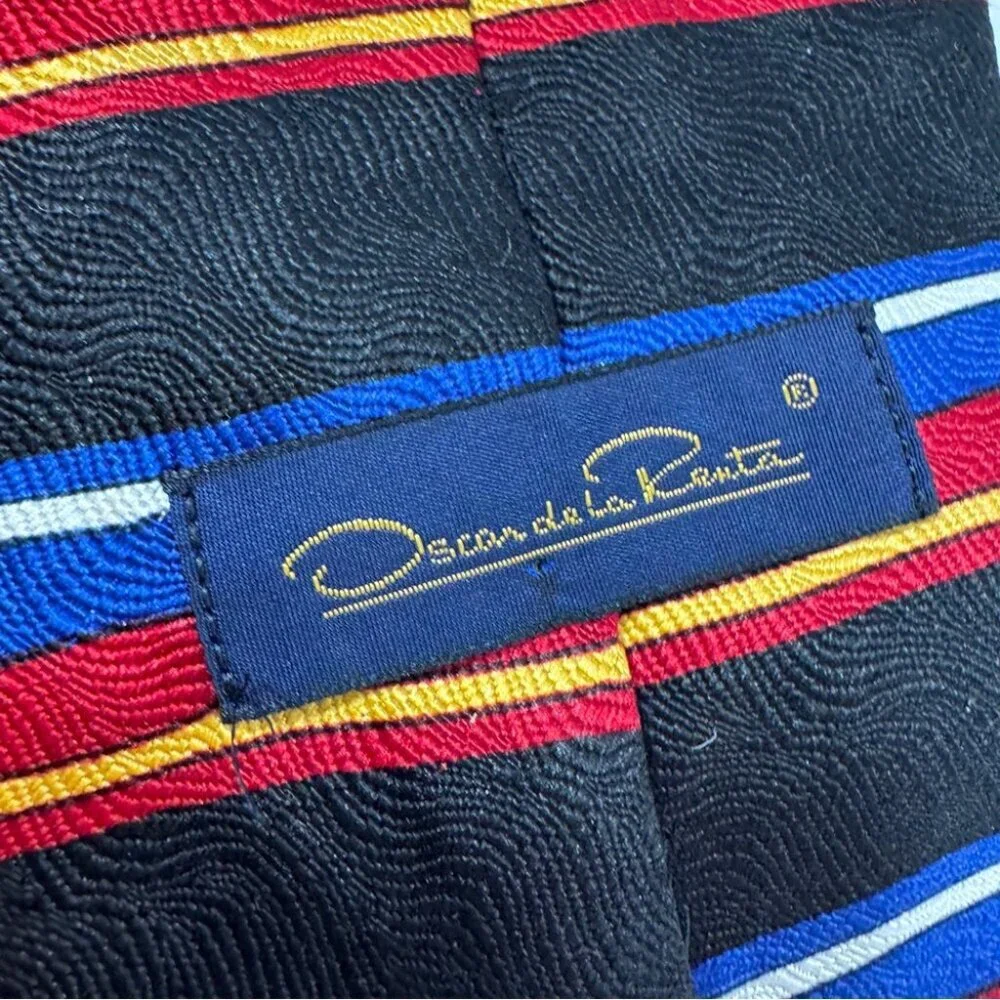 VTG Oscar de la Renta Striped Black Tie with Red and Blue Accents Textured